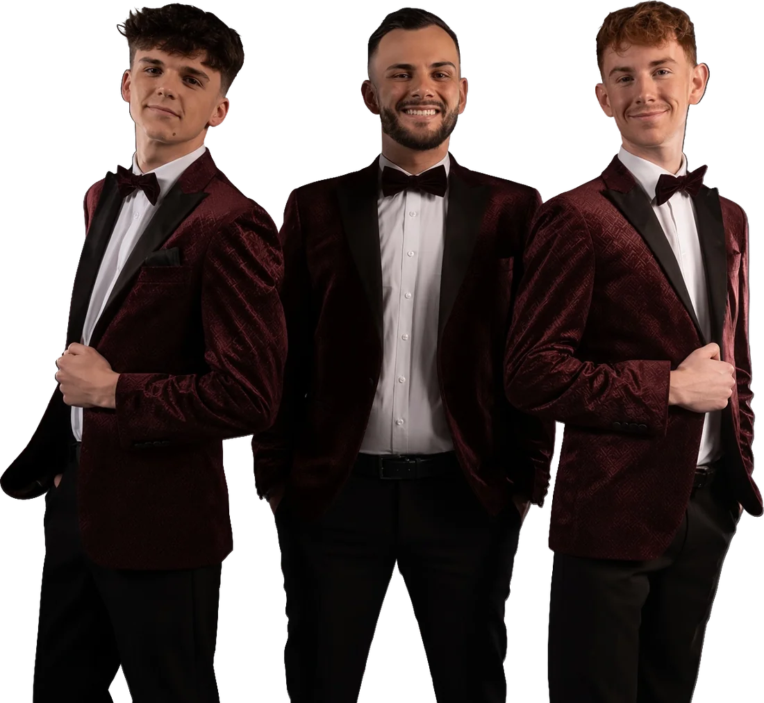 Three members of Remixed Remastered in burgundy suits